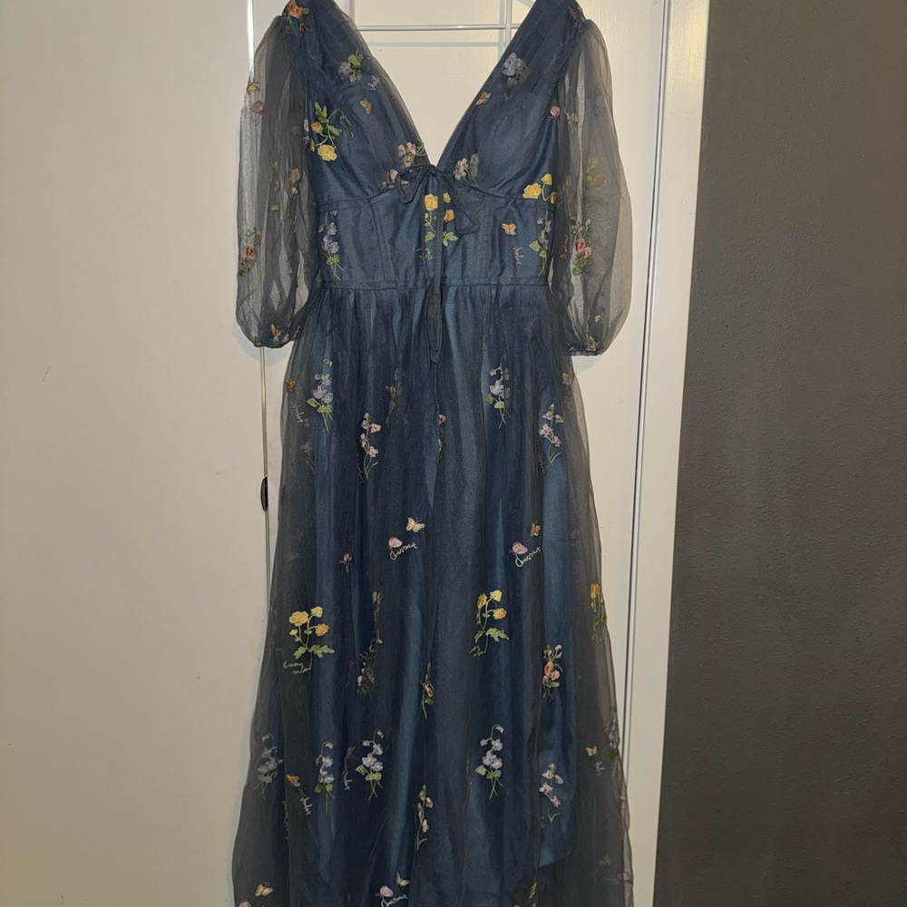 Floral Embroidered Blue Dress